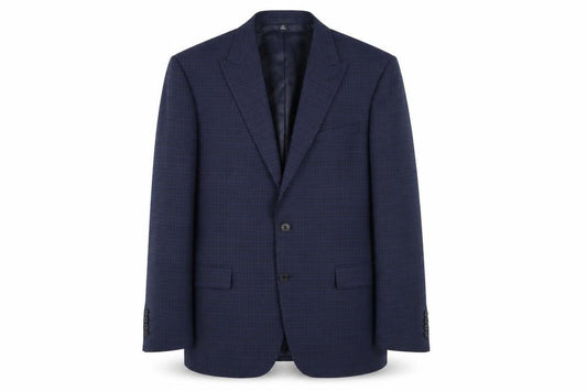 Front view of Marks & Spencer men’s blue check polyester jacket suit jacket, size 42, regular