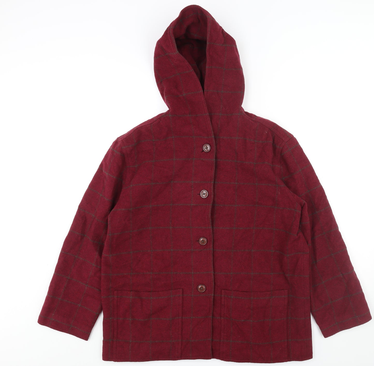 L.L. Bean Womens Red Check Pea Coat Coat Size M Button