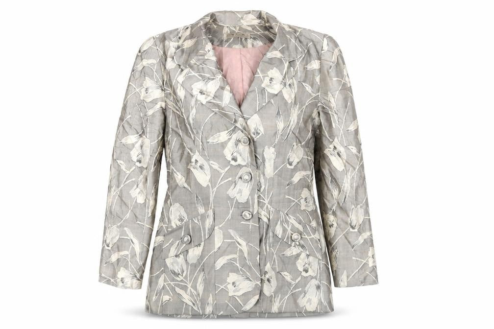 Front view of JFW women’s grey floral jacket blazer, size UK 10, button