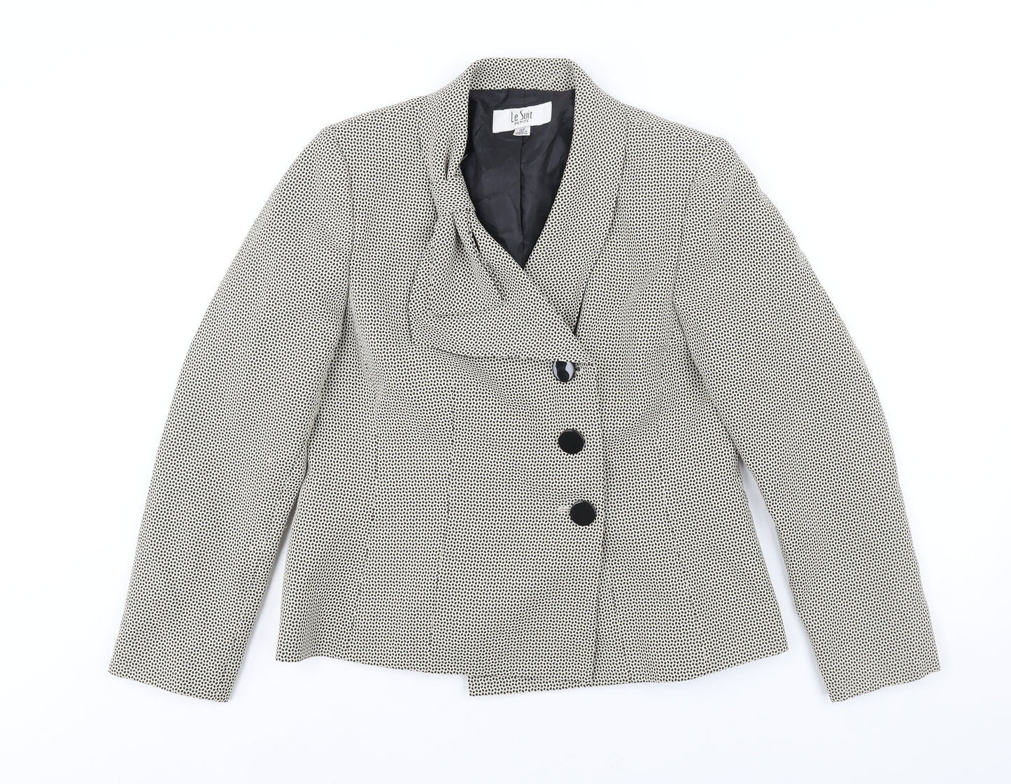 Le Suit Womens Beige Geometric Jacket Size 10 Button - Bow Detail