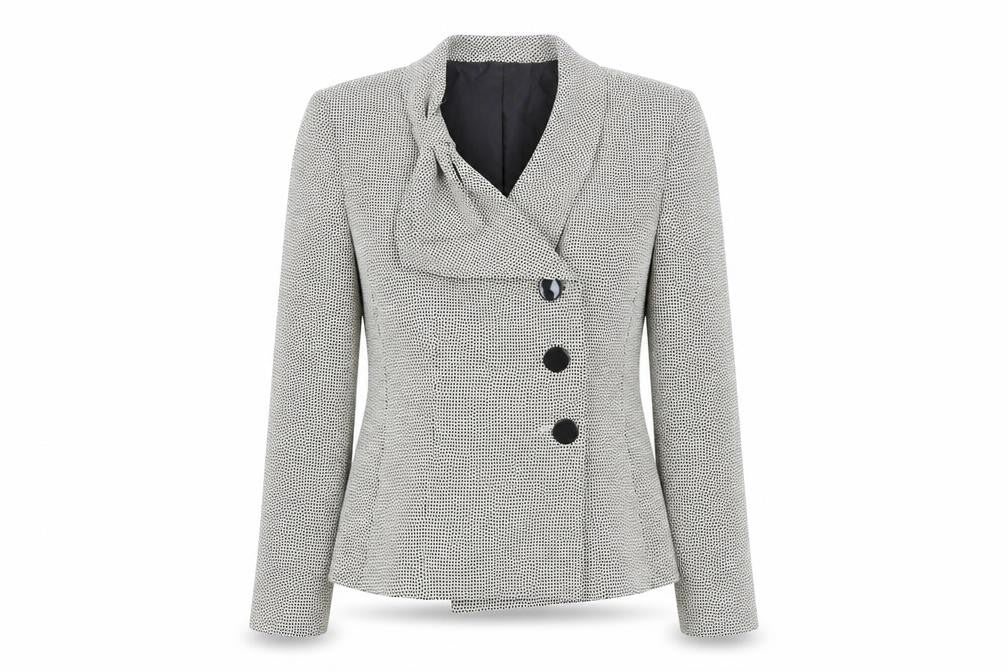 Front view of Le Suit women’s beige geometric jacket, size UK 10, button - bow detail
