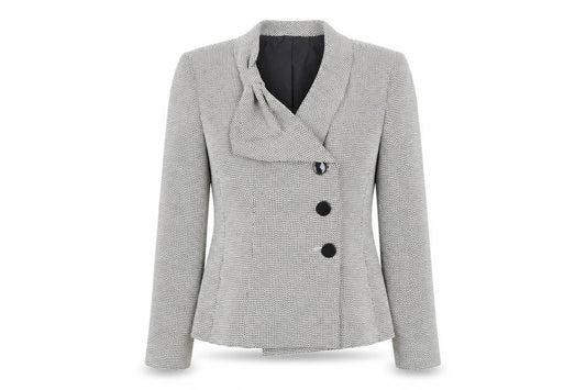 Front view of Le Suit women’s beige geometric jacket, size UK 10, button - bow detail