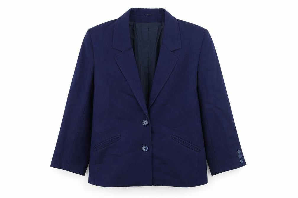 Front view of EX women’s blue jacket blazer, size UK 14, button