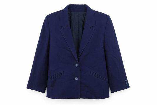 Front view of EX women’s blue jacket blazer, size UK 14, button