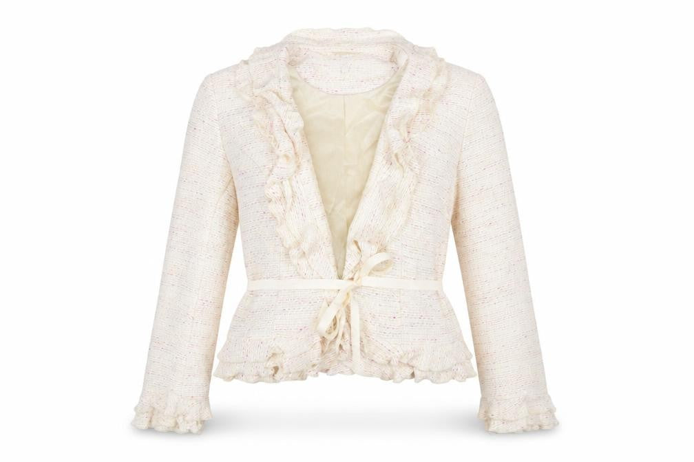 Front view of Next women’s ivory jacket, size UK 12, hook & eye - frill belted