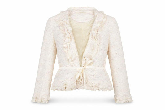 Front view of Next women’s ivory jacket, size UK 12, hook & eye - frill belted