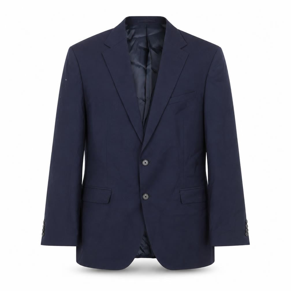 Front view of Marks & Spencer men’s blue polyester jacket suit jacket, size 46, regular