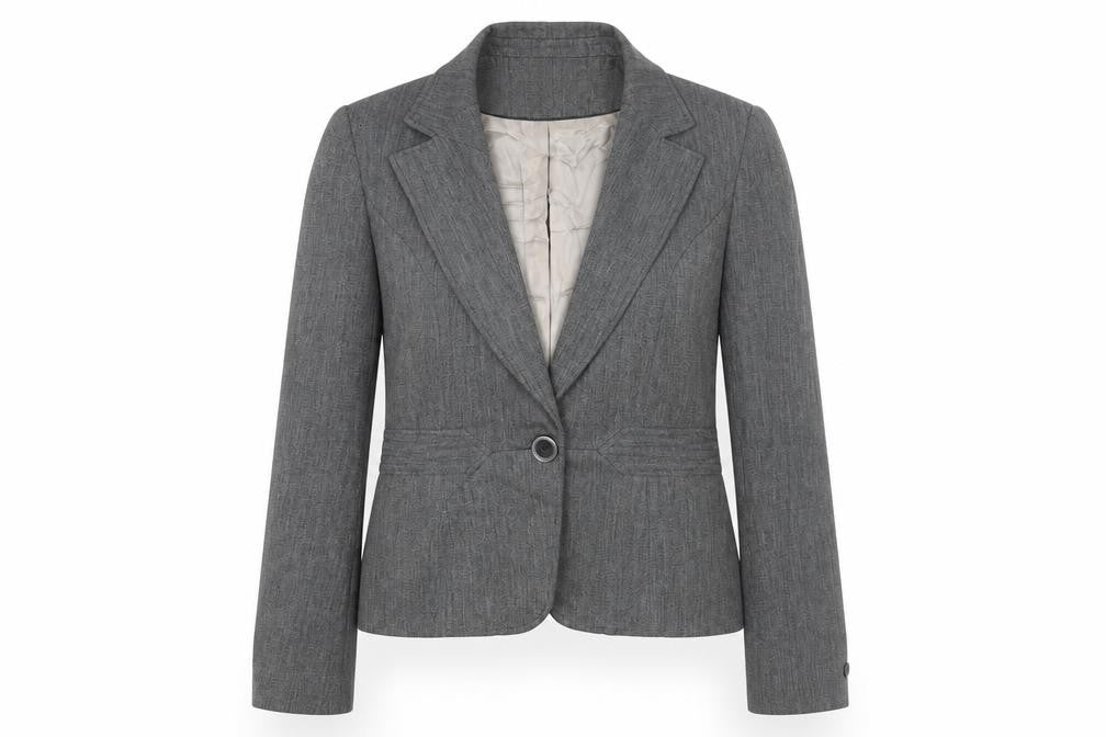 Front view of Essentials women’s grey jacket blazer, size UK 16, button