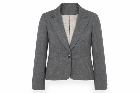 Front view of Essentials women’s grey jacket blazer, size UK 16, button