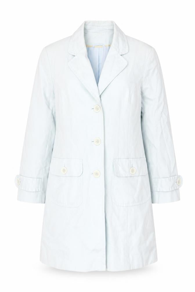 Front view of Marks & Spencer women’s blue trench coat coat, size UK 12, button