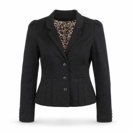 Front view of H&M women’s black jacket, size UK 6, button - pleat detail