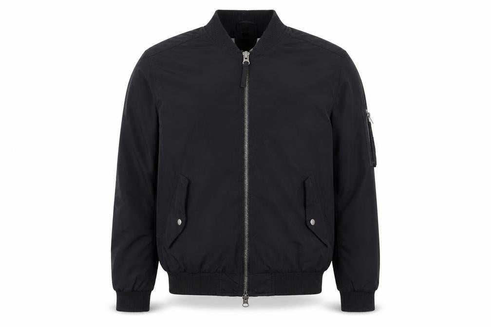 Front view of Topman men’s black bomber jacket jacket, size M, zip