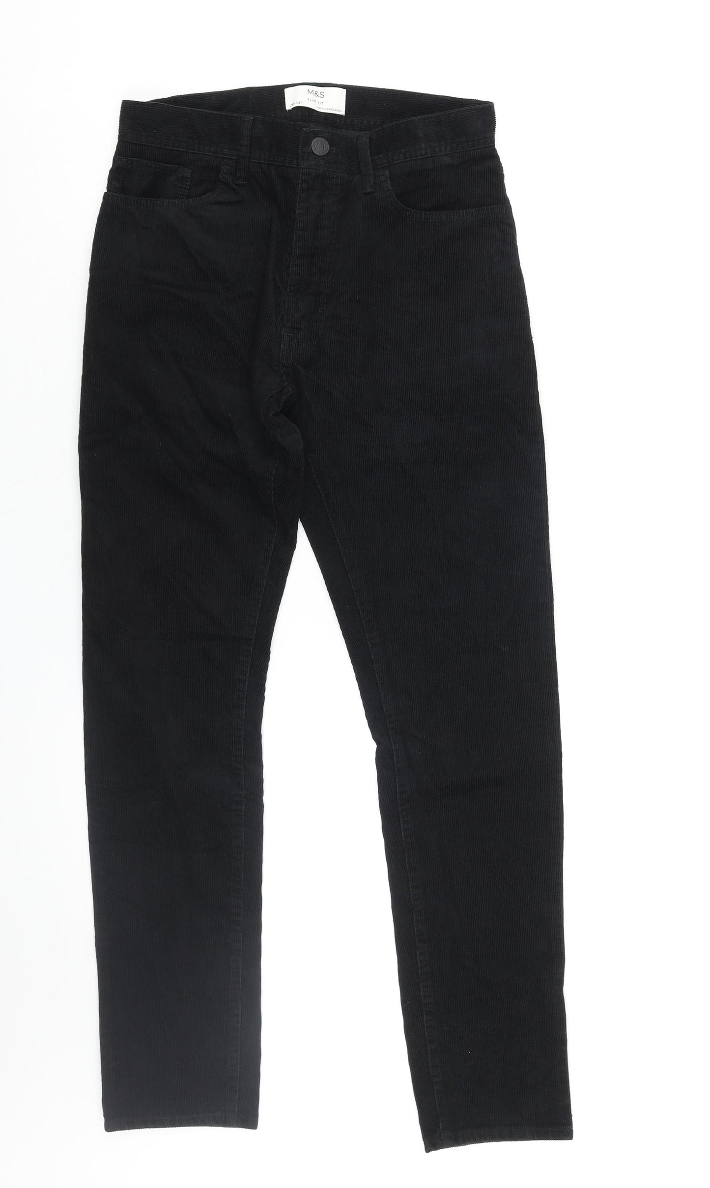 Marks and Spencer Mens Black Cotton Trousers Size 28 in L31 in Slim Zip