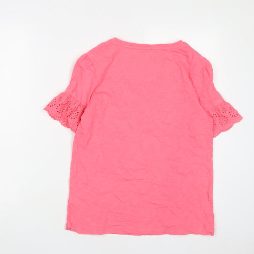 Marks and Spencer Womens Pink Cotton Basic T-Shirt Size 8 V-Neck - Embroidered