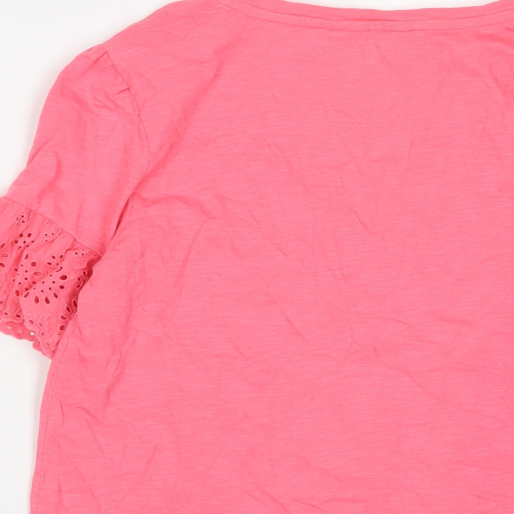 Marks and Spencer Womens Pink Cotton Basic T-Shirt Size 8 V-Neck - Embroidered