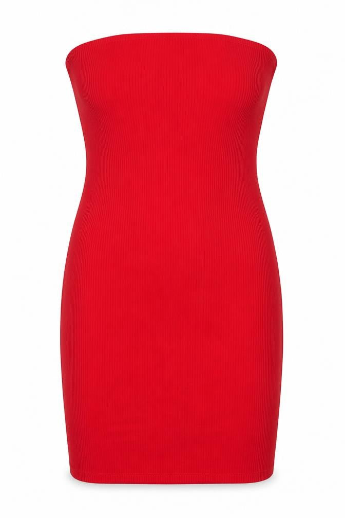 Front view of H&M women’s red cotton bodycon, size M, off the shoulder pullover
