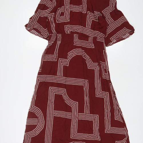 H&M Womens Brown Geometric Viscose A-Line Size 14 Crew Neck Button