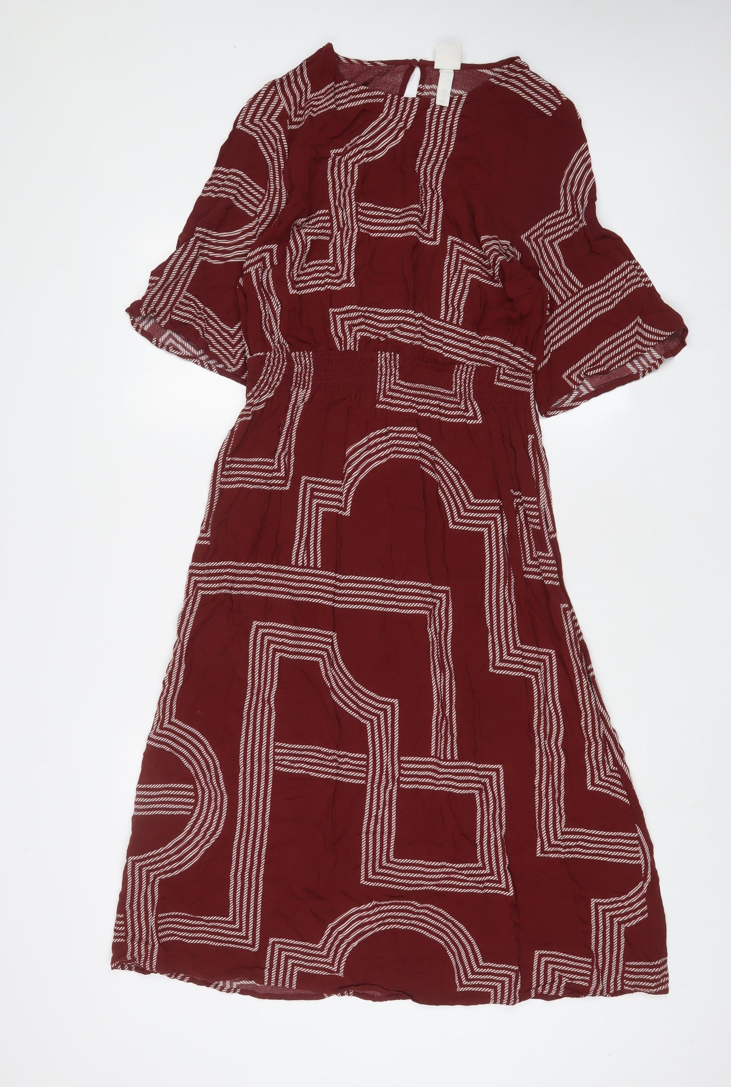 H&M Womens Brown Geometric Viscose A-Line Size 14 Crew Neck Button