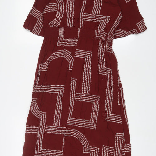 H&M Womens Brown Geometric Viscose A-Line Size 14 Crew Neck Button