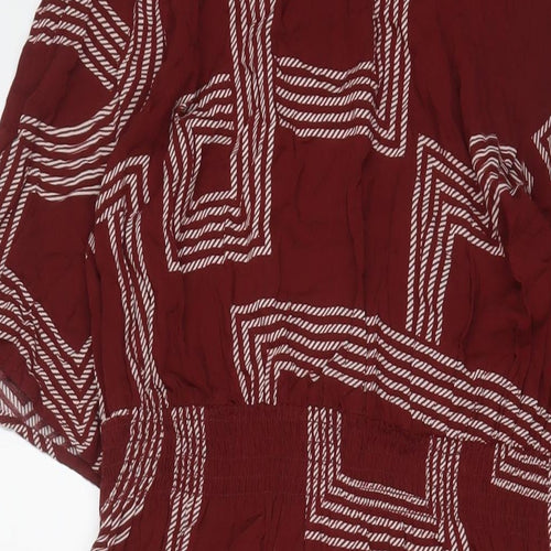 H&M Womens Brown Geometric Viscose A-Line Size 14 Crew Neck Button