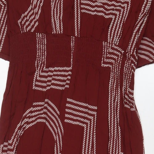 H&M Womens Brown Geometric Viscose A-Line Size 14 Crew Neck Button