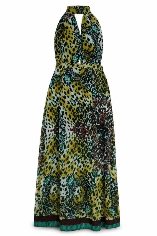 Front view of PRETTYLITTLETHING women’s multicoloured animal print polyester a-line, size UK 10, halter zip