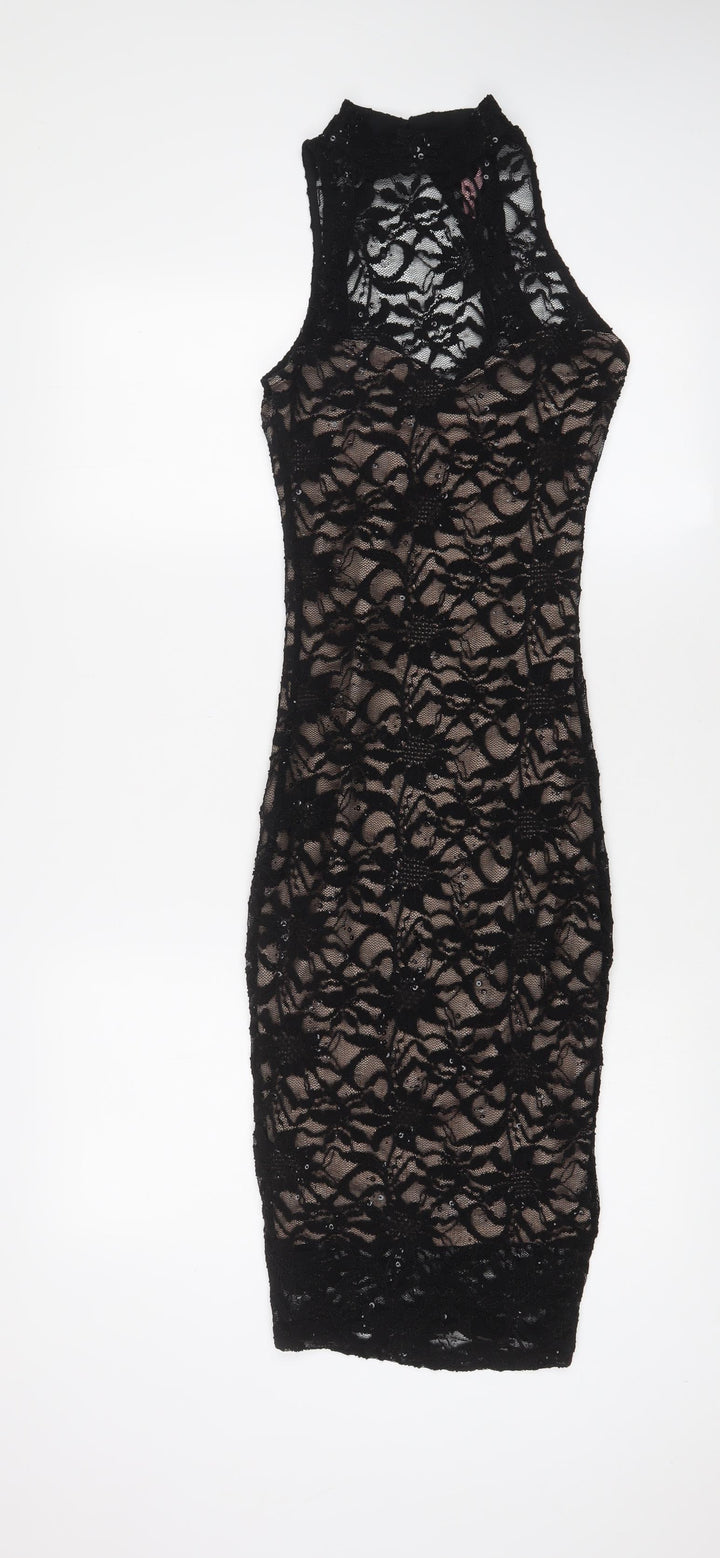 Lipsy Womens Black Nylon Bodycon Size 10 Round Neck Button