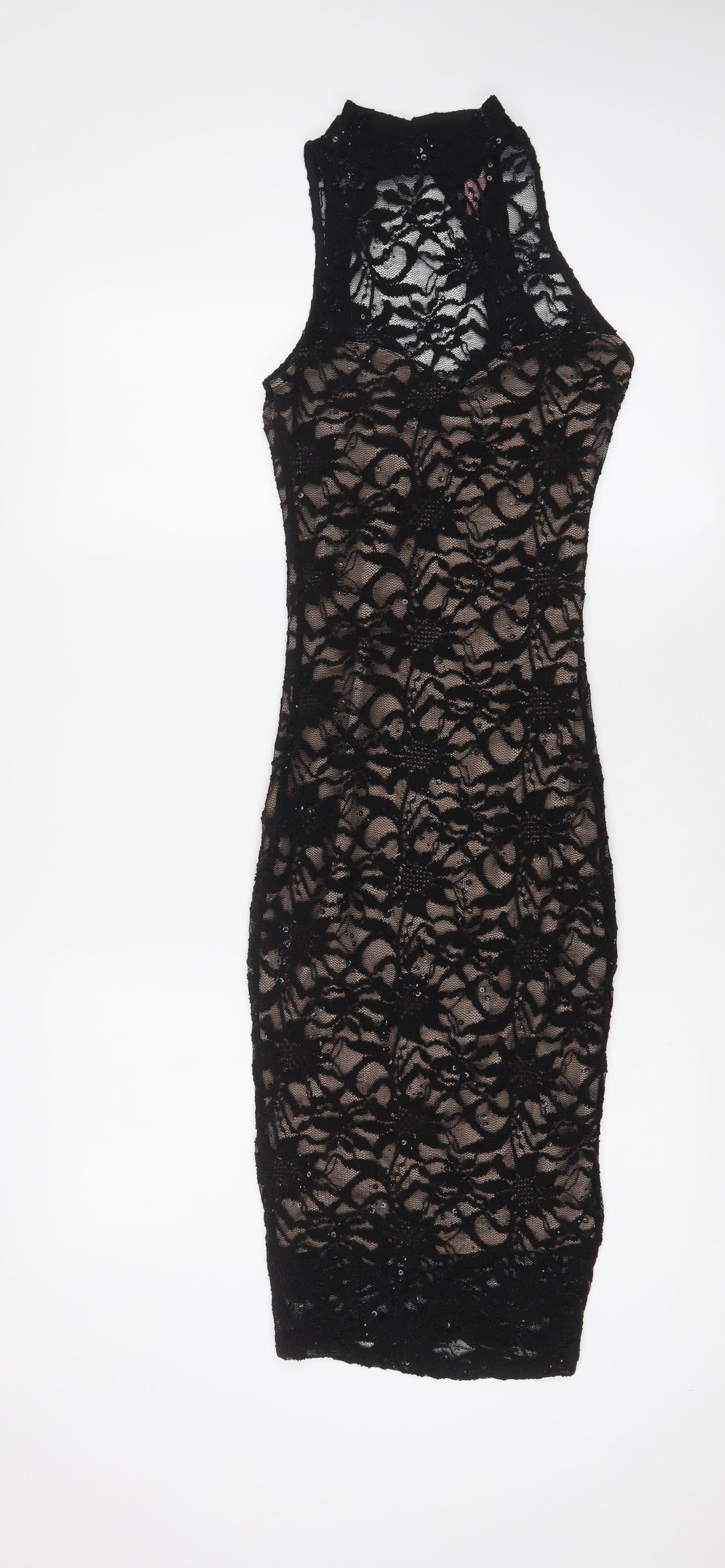 Lipsy Womens Black Nylon Bodycon Size 10 Round Neck Button