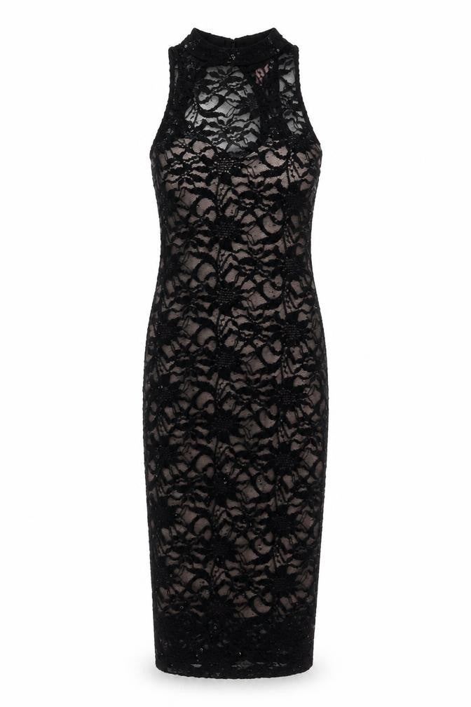 Front view of Lipsy women’s black nylon bodycon, size UK 10, round neck button