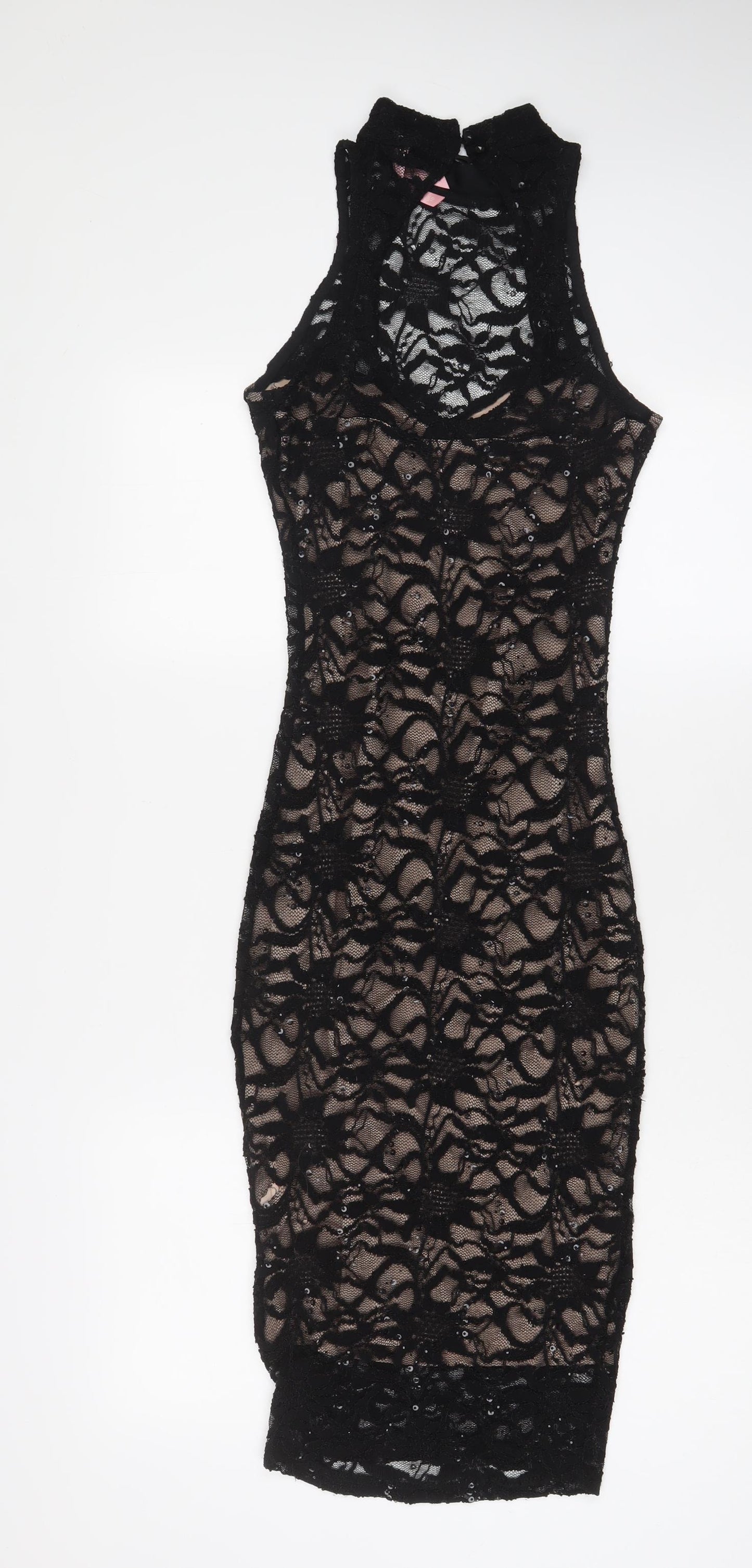 Lipsy Womens Black Nylon Bodycon Size 10 Round Neck Button