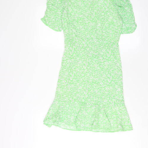 New Look Womens Green Floral Viscose A-Line Size 8 Crew Neck Button