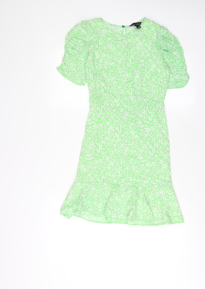 New Look Womens Green Floral Viscose A-Line Size 8 Crew Neck Button