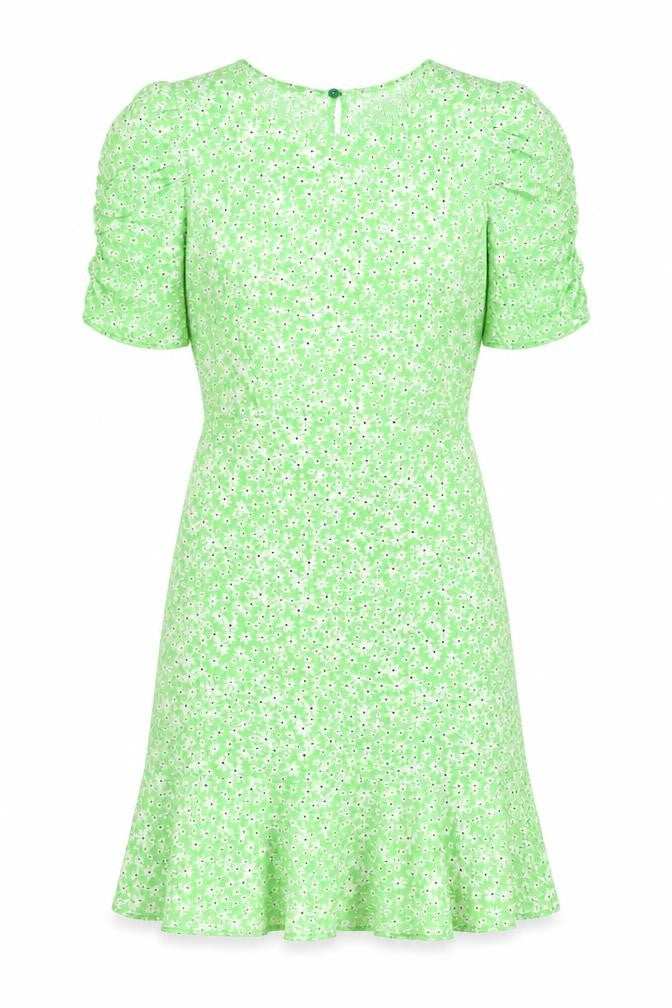 New Look Womens Green Floral Viscose A-Line Size 8 Crew Neck Button