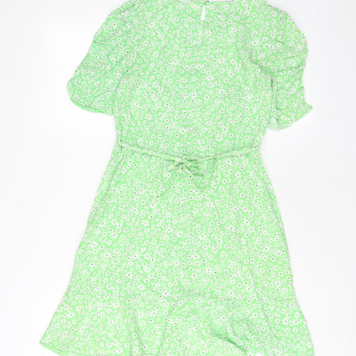 New Look Womens Green Floral Viscose A-Line Size 8 Crew Neck Button