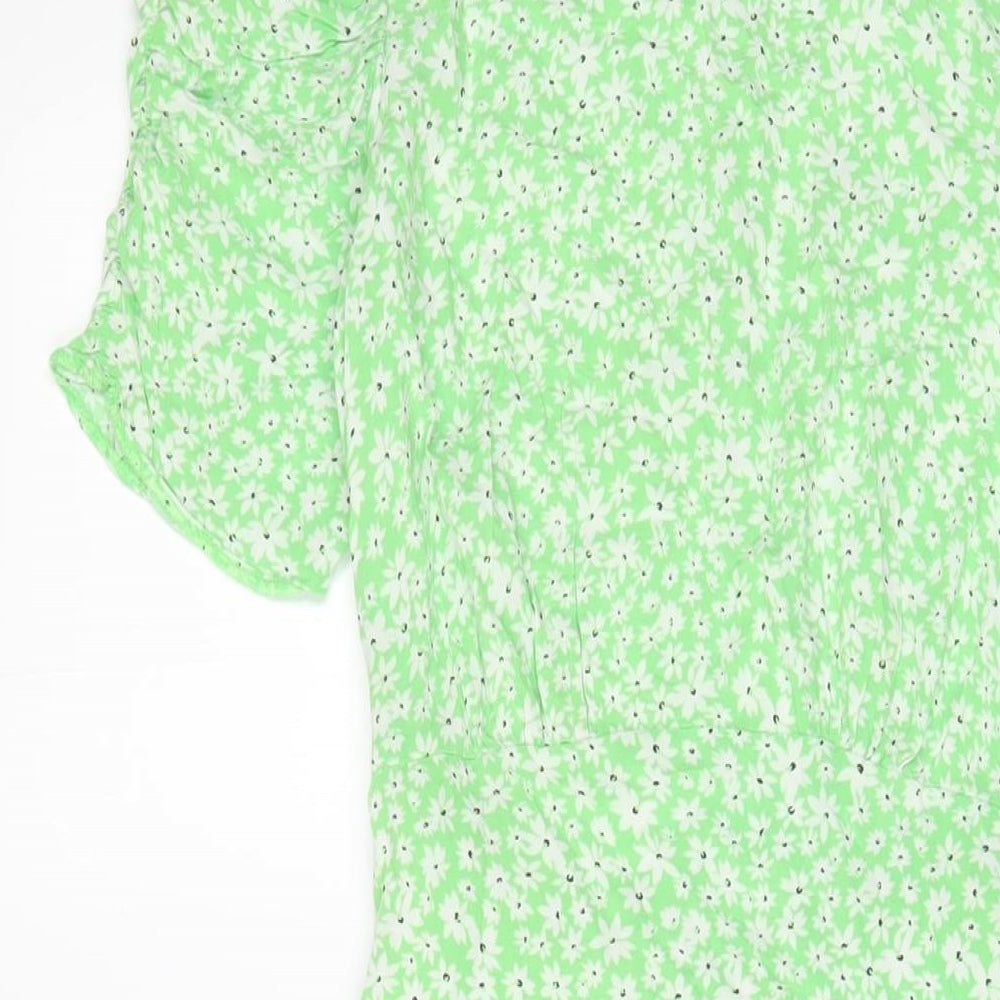 New Look Womens Green Floral Viscose A-Line Size 8 Crew Neck Button