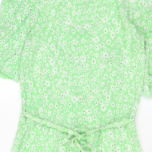 New Look Womens Green Floral Viscose A-Line Size 8 Crew Neck Button