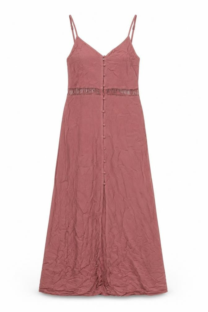 Front view of H&M women’s pink viscose a-line, size UK 8, v-neck button - embroidered