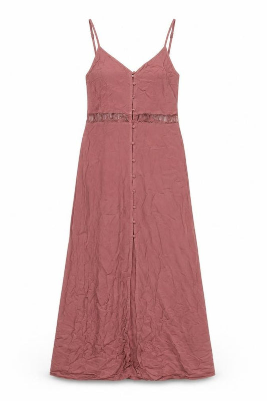 Front view of H&M women’s pink viscose a-line, size UK 8, v-neck button - embroidered