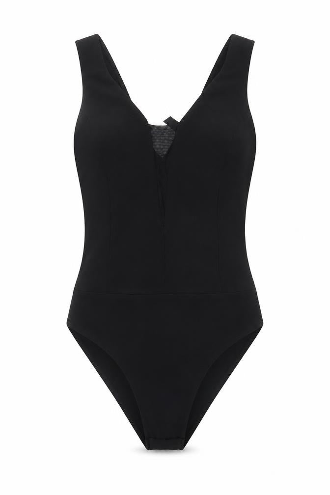 Front view of New Look women’s black polyester bodysuit one-piece, size UK 8, snap