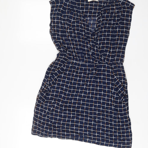 Louche Womens Blue Plaid Viscose A-Line Size 14 V-Neck Pullover