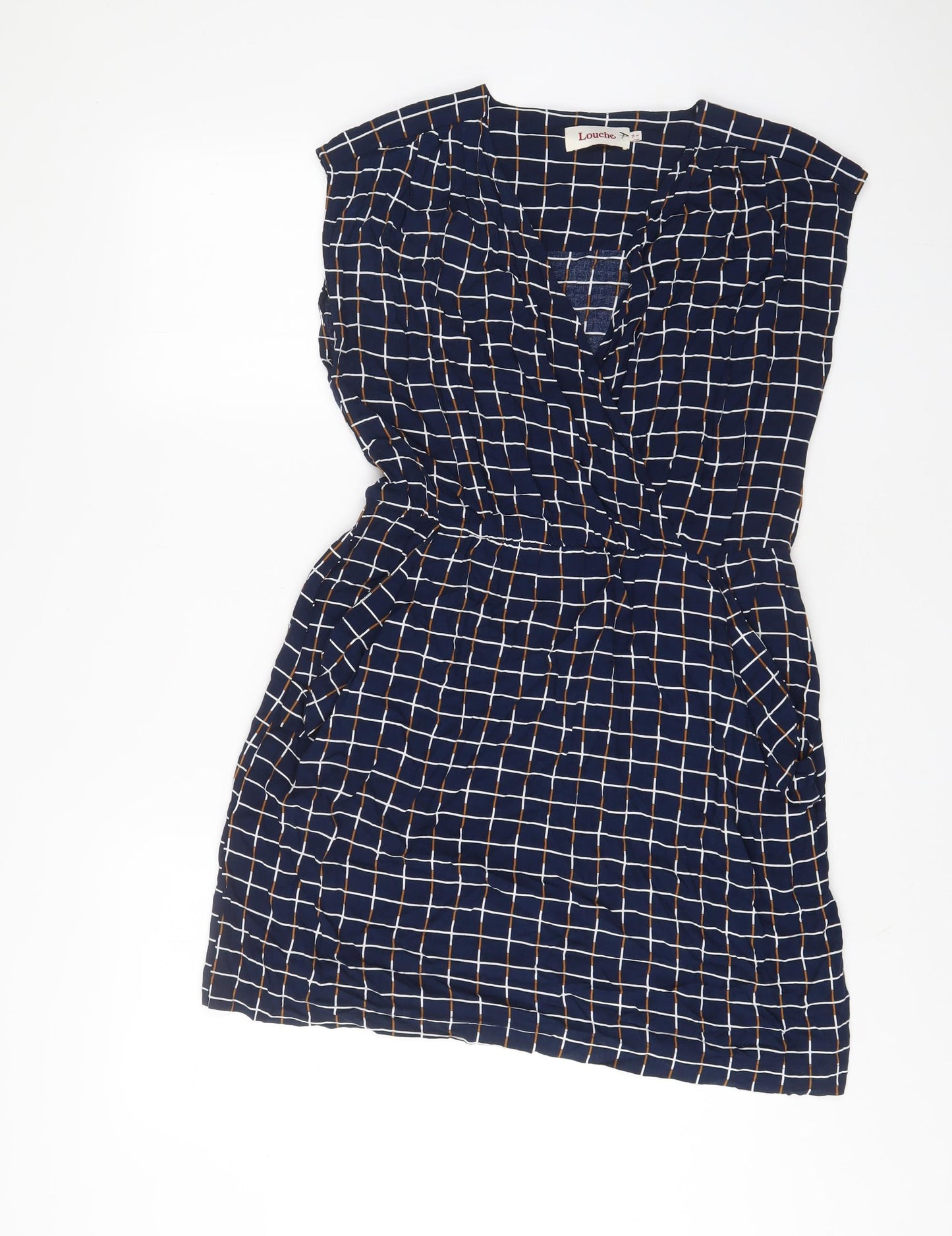 Louche Womens Blue Plaid Viscose A-Line Size 14 V-Neck Pullover