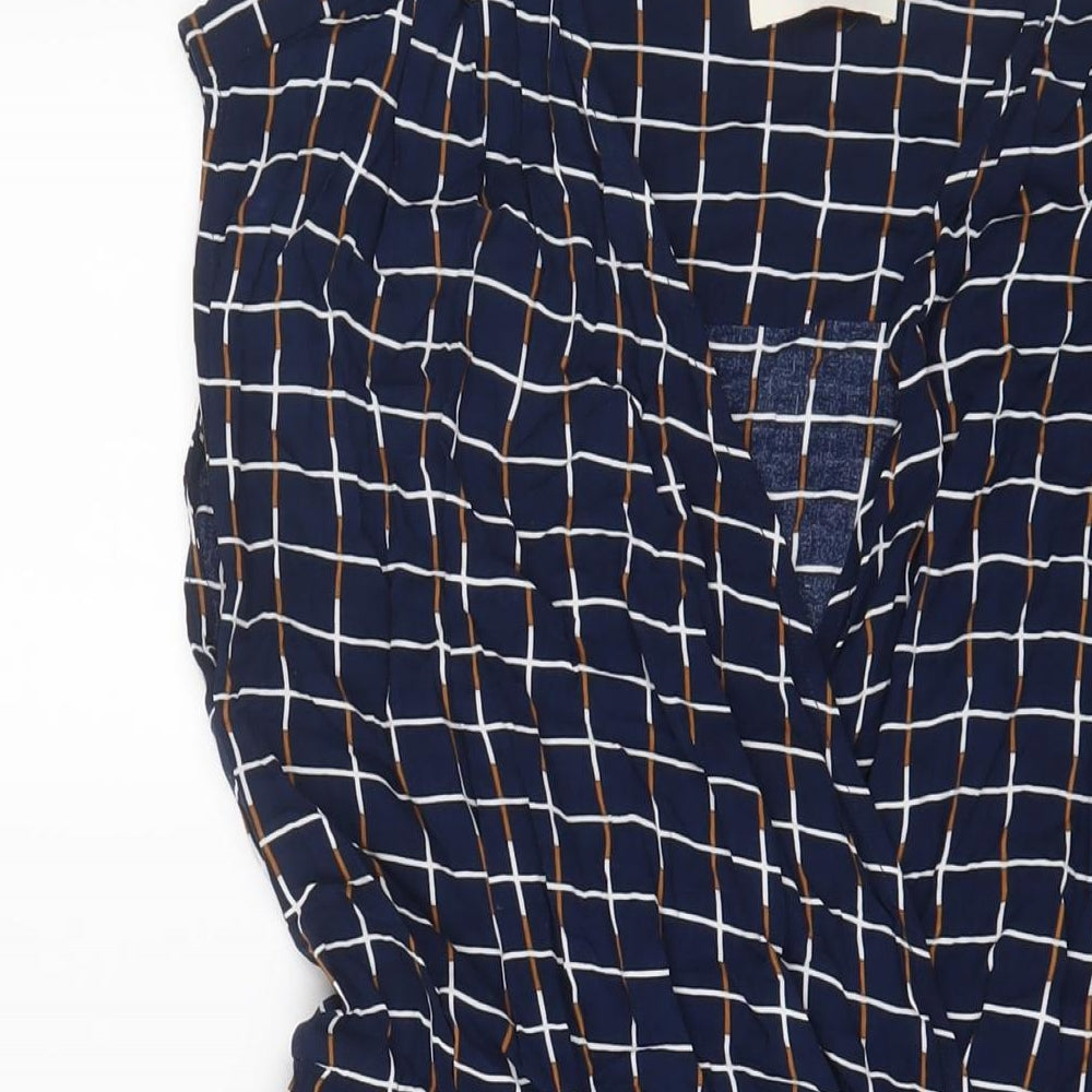 Louche Womens Blue Plaid Viscose A-Line Size 14 V-Neck Pullover