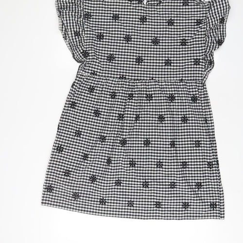 Zara Womens Black Plaid Cotton A-Line Size M Crew Neck Button - Embroidered