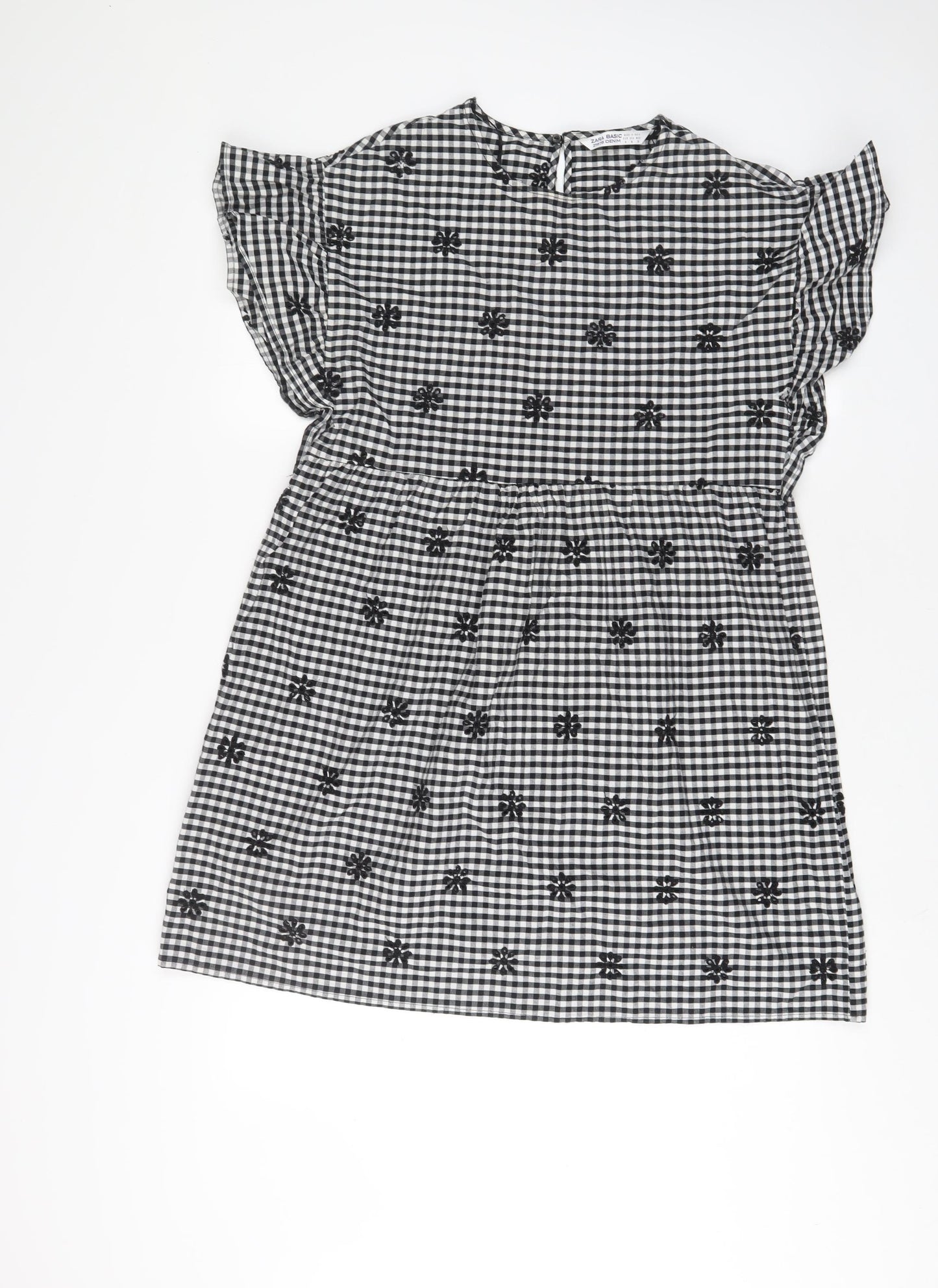 Zara Womens Black Plaid Cotton A-Line Size M Crew Neck Button - Embroidered