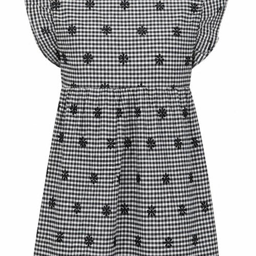 Zara Womens Black Plaid Cotton A-Line Size M Crew Neck Button - Embroidered