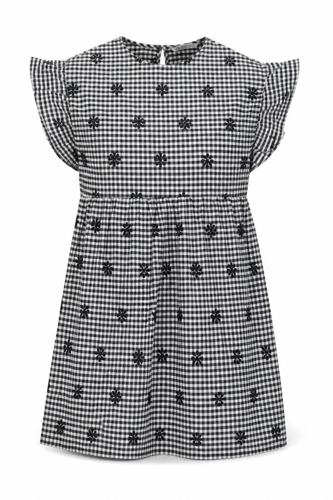 Zara Womens Black Plaid Cotton A-Line Size M Crew Neck Button - Embroidered