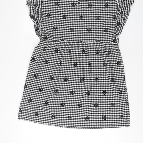 Zara Womens Black Plaid Cotton A-Line Size M Crew Neck Button - Embroidered