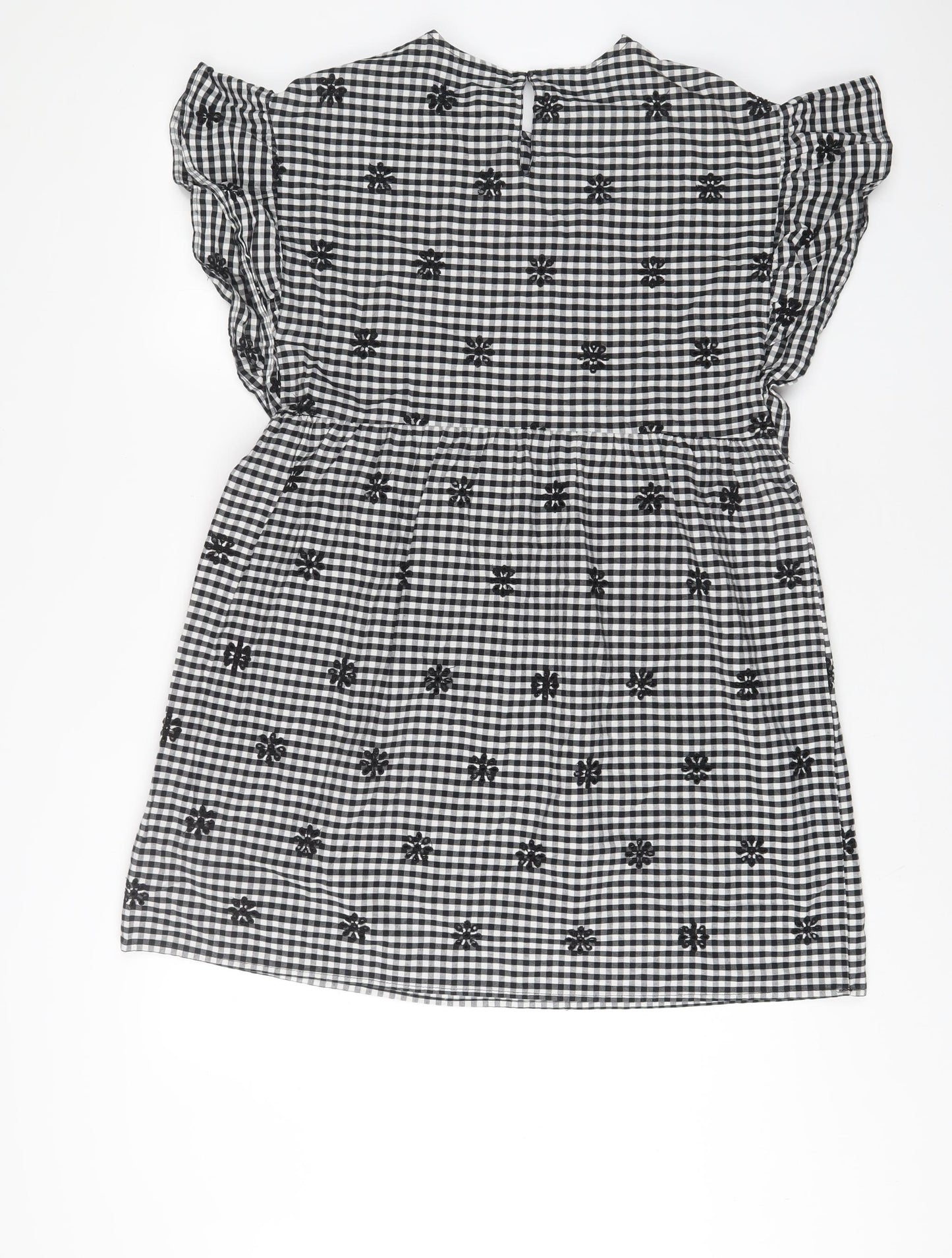 Zara Womens Black Plaid Cotton A-Line Size M Crew Neck Button - Embroidered