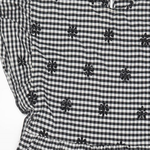 Zara Womens Black Plaid Cotton A-Line Size M Crew Neck Button - Embroidered