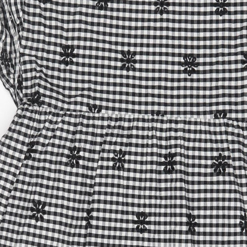 Zara Womens Black Plaid Cotton A-Line Size M Crew Neck Button - Embroidered